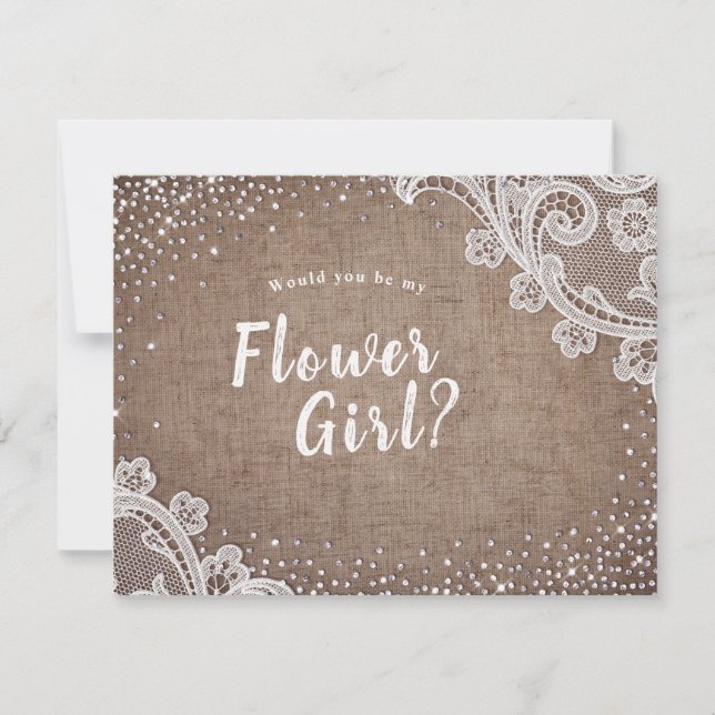 Rustic lace burlap would you be my flower girl invitation (Front)
