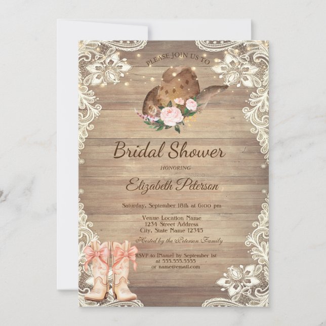 Rustic  Lace Cowboy Hat Boots Bow Bridal Shower Invitation (Front)