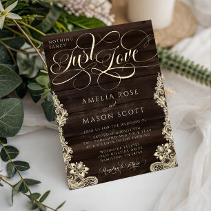 Rustic Lace Dark Wood Just Love Script Wedding Invitation