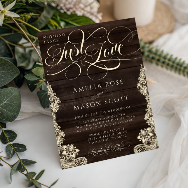Rustic Lace Dark Wood Just Love Script Wedding Invitation (Rustic Lace Dark Wood Nothing Fancy Just Love Script Wedding Invitation)