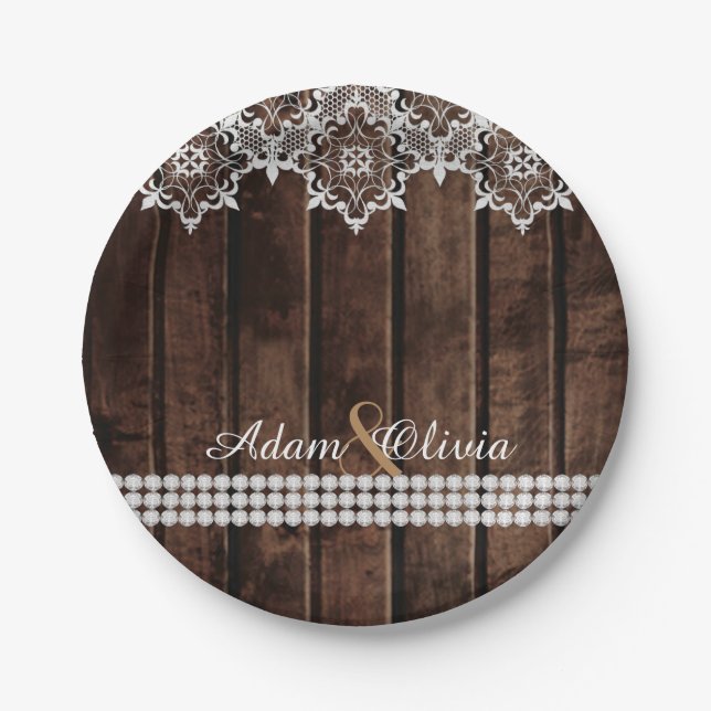 Rustic Lace & Diamonds Wedding Paper Plates (Front)