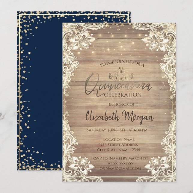 Rustic Lace,Gold Tiara,Lights Diamonds Quinceañera Invitation (Front/Back)