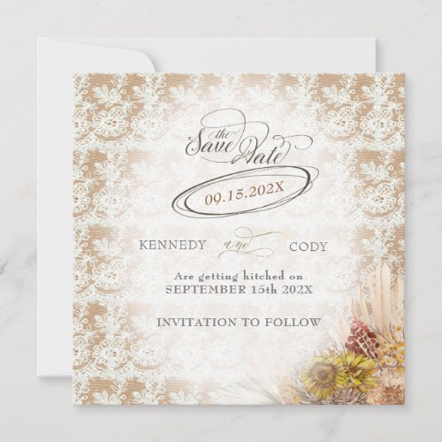 Rustic Lace Golden Tone Boho Wedding Save The Date