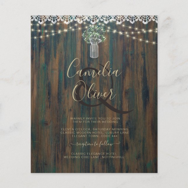 Rustic Lace Gypsophila Lights Mason Jar Wedding Flyer (Front)