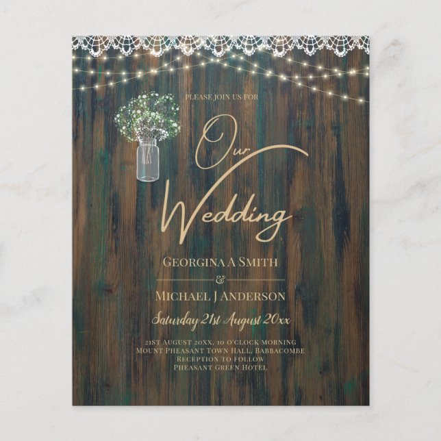 Rustic Lace Gypsophila Lights Mason Jar Wedding Flyer (Front)