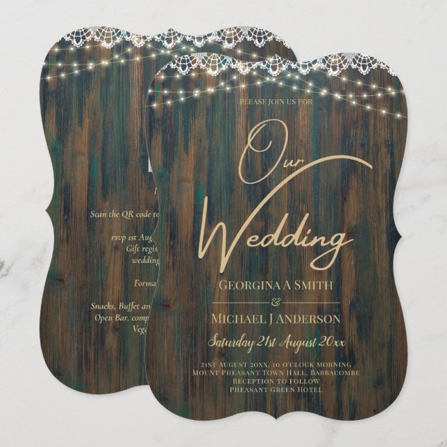 Rustic Lace Gypsophila Lights Mason Jar Wedding Invitation (Front/Back)