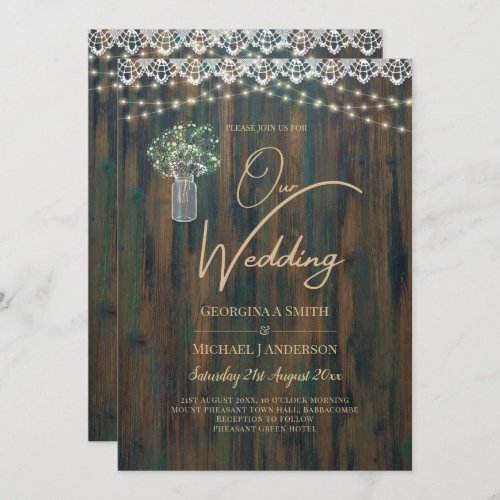 Rustic Lace Gypsophila Lights Mason Jar Wedding Invitation