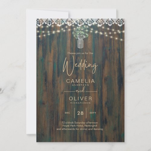 Rustic Lace Gypsophila Lights Mason Jar Wedding Invitation