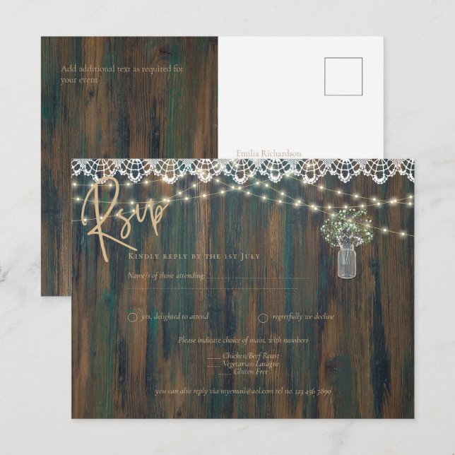 Rustic Lace Gypsophila Lights Mason Jar Wedding Postcard (Front/Back)