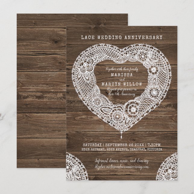 Rustic lace heart 13th wedding anniversary invitation (Front/Back)