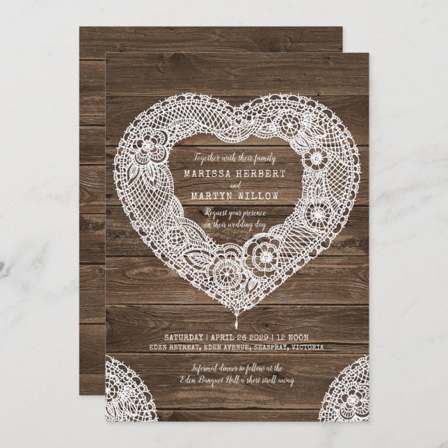 Rustic lace heart on wood wedding invitations (Front/Back)