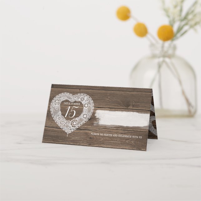 Rustic lace heart wedding guest place cards (Front)