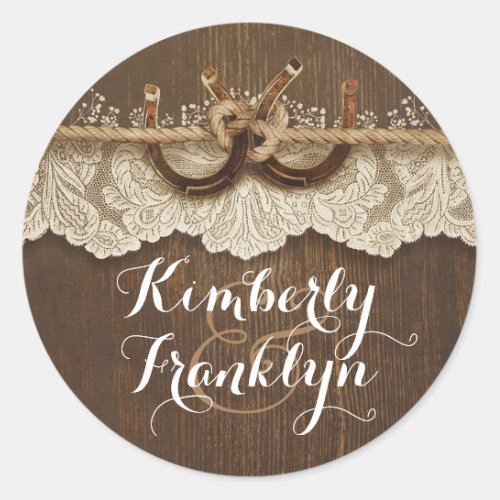 Rustic Lace Horseshoes Country Brown Wedding Classic Round Sticker