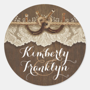 Rustic Lace Horseshoes Country Brown Wedding Classic Round Sticker