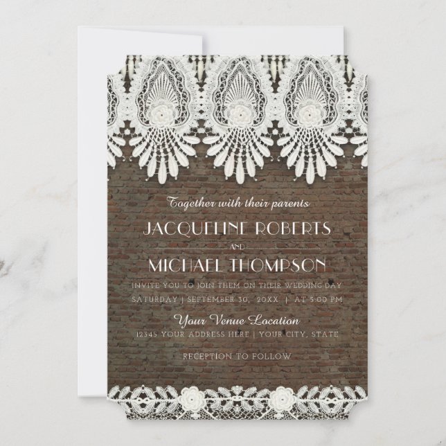 Rustic Lace Industrial Brick Urban Warehouse Invitation (Front)