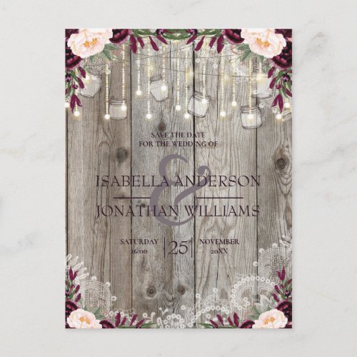 Rustic Lace Jar Wood String Lights Save the Date Announcement Postcard