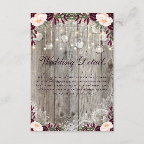 Rustic Lace Jar Wood String Lights Wedding details Enclosure Card