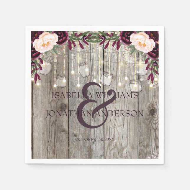 Rustic Lace Jar Wood & String Lights Wedding Napkins (Front)