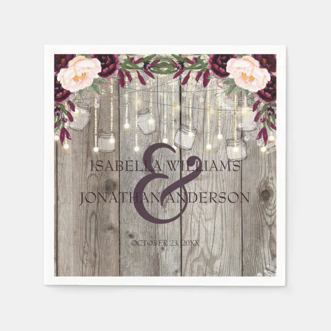 Rustic Lace Jar Wood & String Lights Wedding Napkins | Zazzle