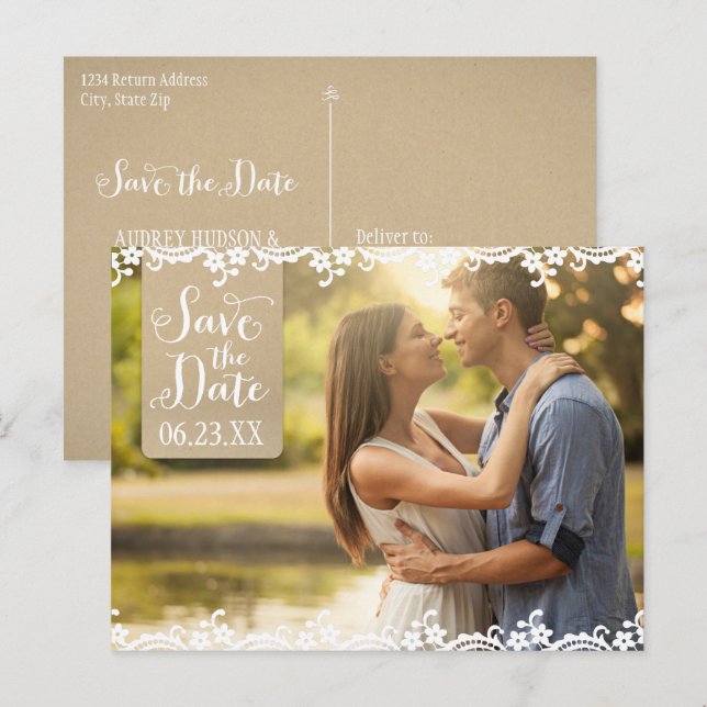 Rustic Lace Kraft Photo Save the Date Announcement Postcard (Front/Back)