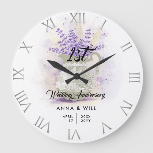 Rustic Lace Lavender Farmhouse Wedding Anniversary Large Clock