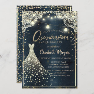 Rustic Lace,Lights,Diamonds Dress Blue Quinceañera Invitation