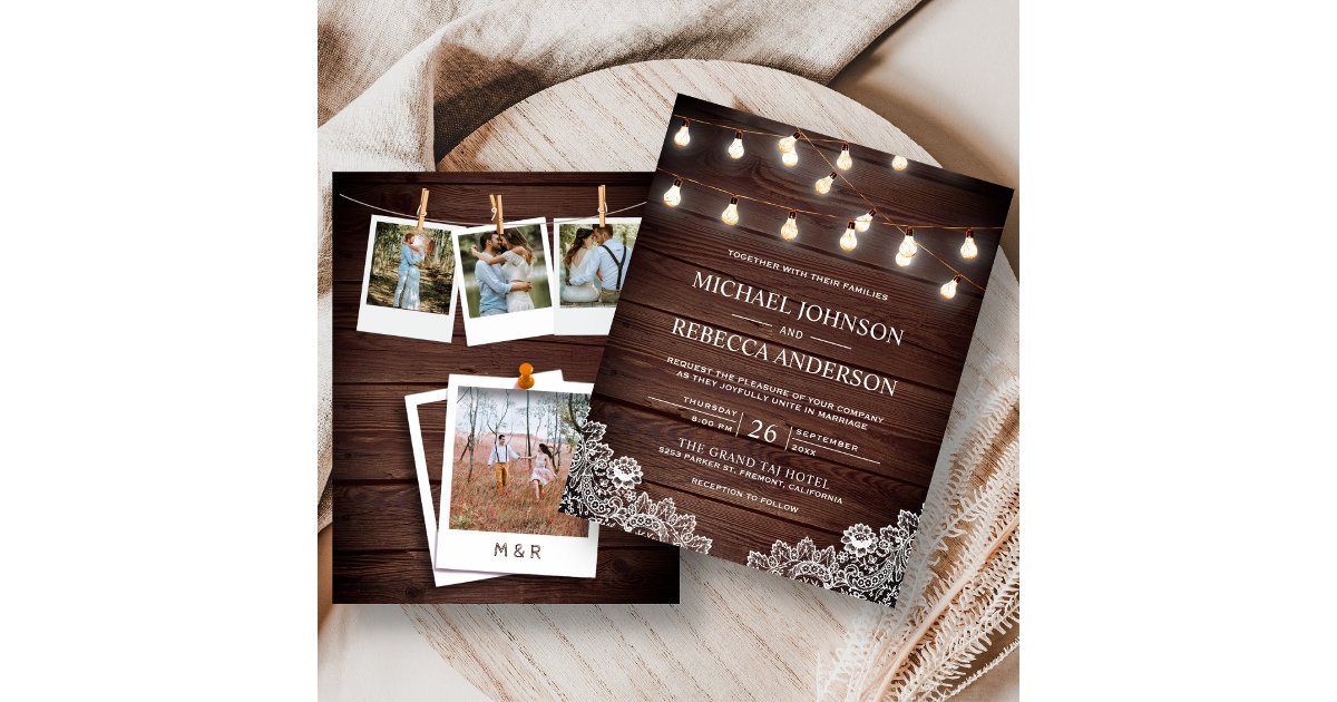 Rustic Lace Lights Photo Budget Wedding Invitation | Zazzle