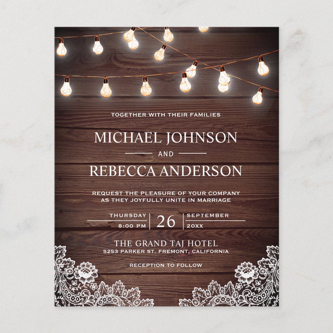 Rustic Lace Lights Photo Budget Wedding Invitation | Zazzle