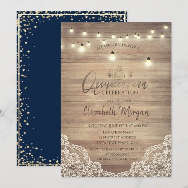 Rustic Lace,Lights,Tiara,Diamonds Quinceañera Invitation (Front/Back)