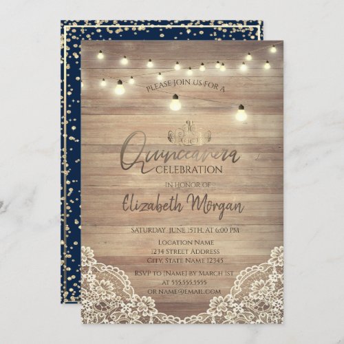 Rustic LaceLightsTiaraDiamonds Quinceaera Invitation