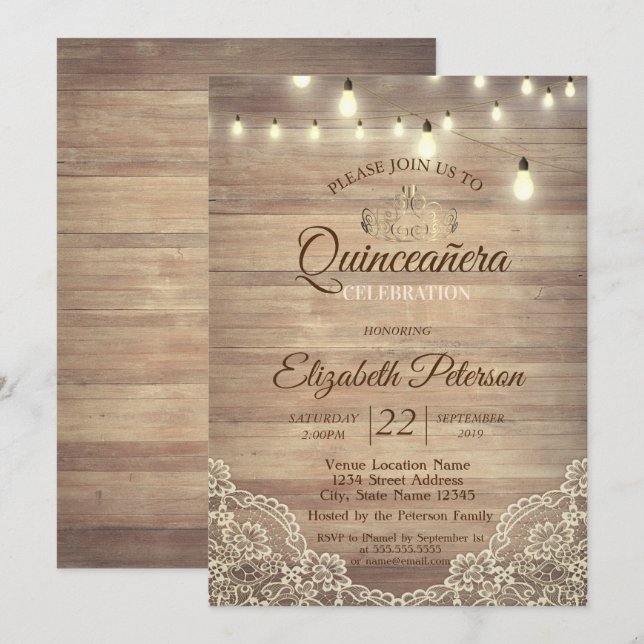 Rustic Lace,Lights,Tiara,Quinceañera Party Invitation (Front/Back)