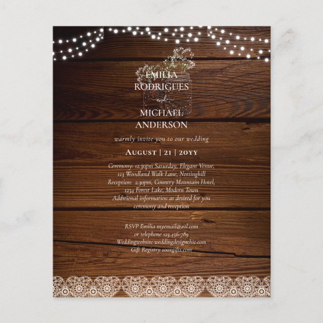 Rustic Lace Mason Jar Lights Gypsophila Wedding Flyer (Front)