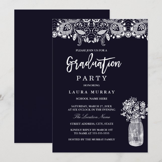 Rustic Lace Mason Jar Navy Graduation Party Invitation (Front/Back)