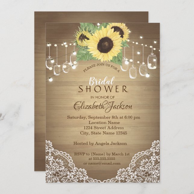 Rustic Lace, Mason Jar, String Lights, Sunflower Invitation (Front/Back)