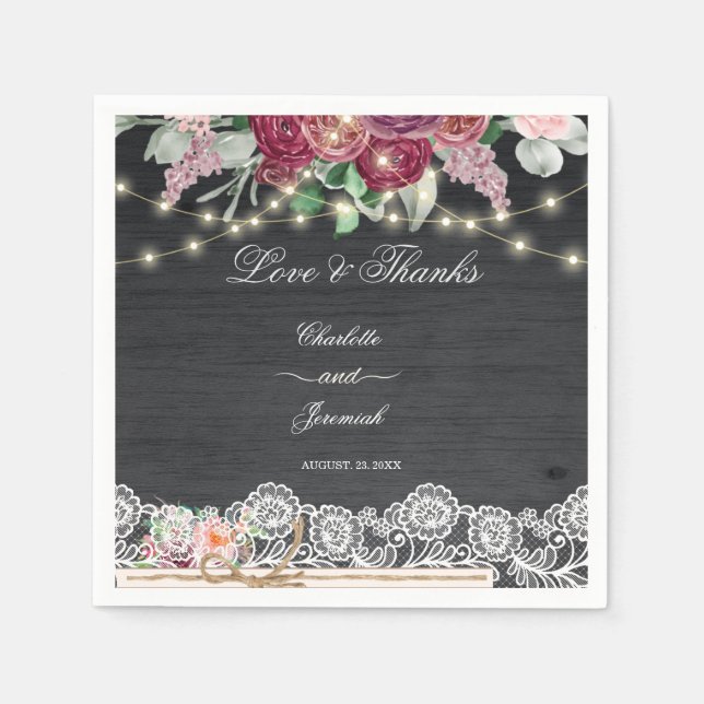 Rustic Lace Mason Jar String Lights Wedding Napkins (Front)