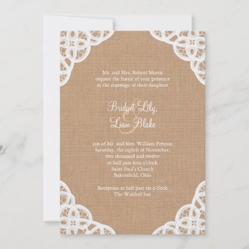 Rustic Lace &amp; Medium Burlap Wedding Invitation