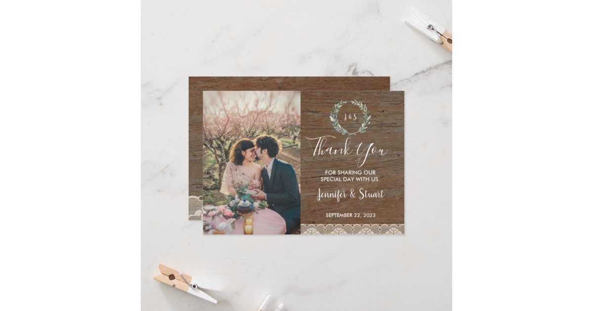Rustic lace monogram photo wedding thank you card | Zazzle