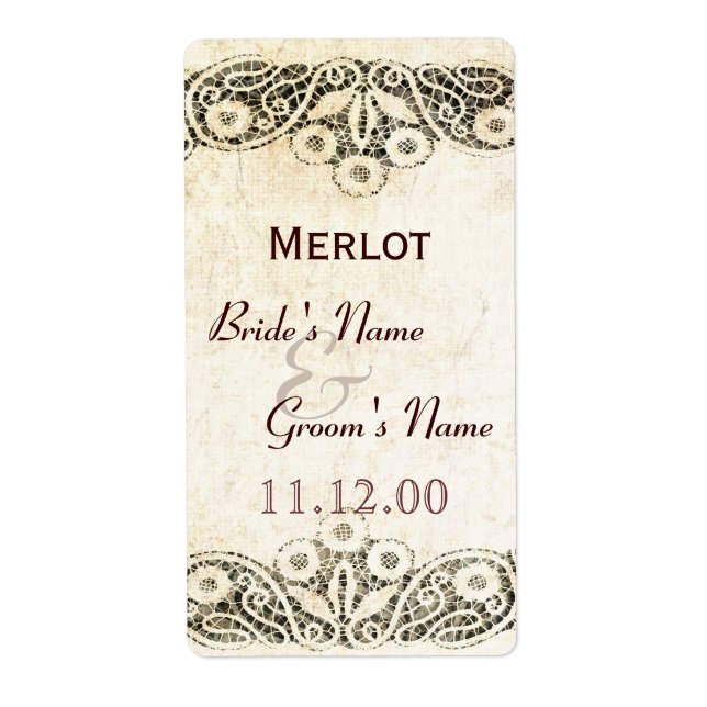 Rustic lace on burlap country wedding label (Front)