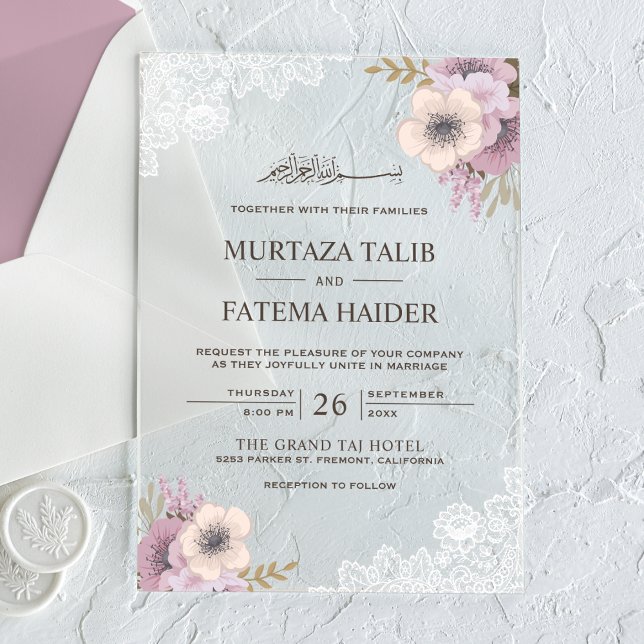 Rustic Lace Pink Floral Islamic Wedding Acrylic Invitations (Creator Uploaded)