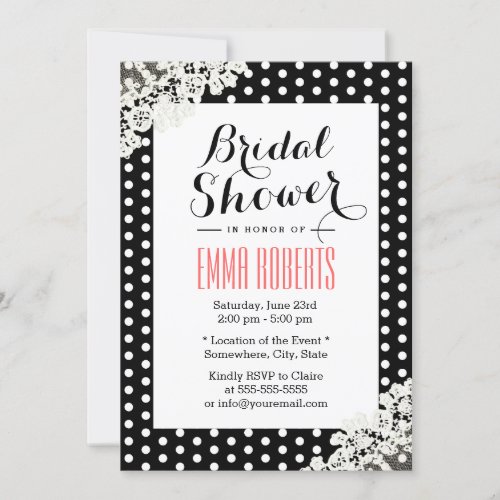 Classy Lace &amp; Polka Dots Black Bridal Shower 5x7 Paper Invitation Card