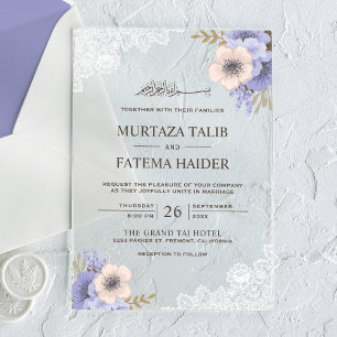 Rustic Lace Purple Floral Islamic Wedding Acrylic Invitations