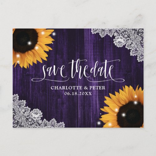 Rustic Lace Purple Sunflower Wedding Save The Date Postcard
