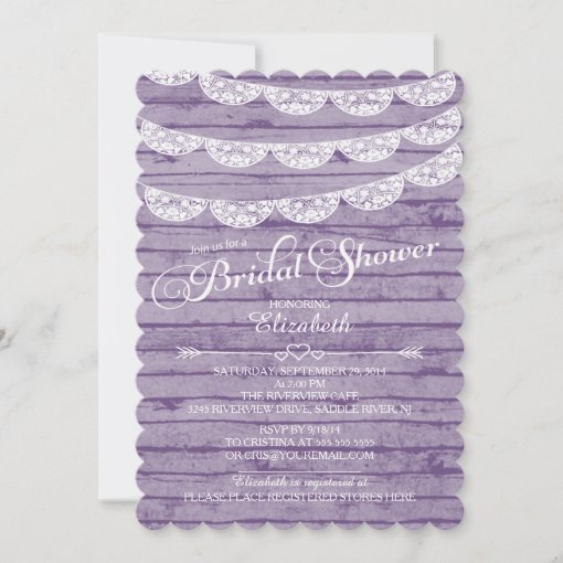 Rustic Lace &amp; Purple Wood Bridal Shower Invitation | Zazzle