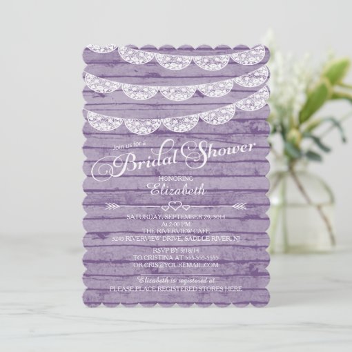 Rustic Lace &amp; Purple Wood Bridal Shower Invitation | Zazzle