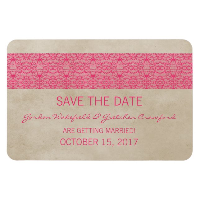 Rustic Lace Save the Date Magnet, Pink Magnet (Horizontal)