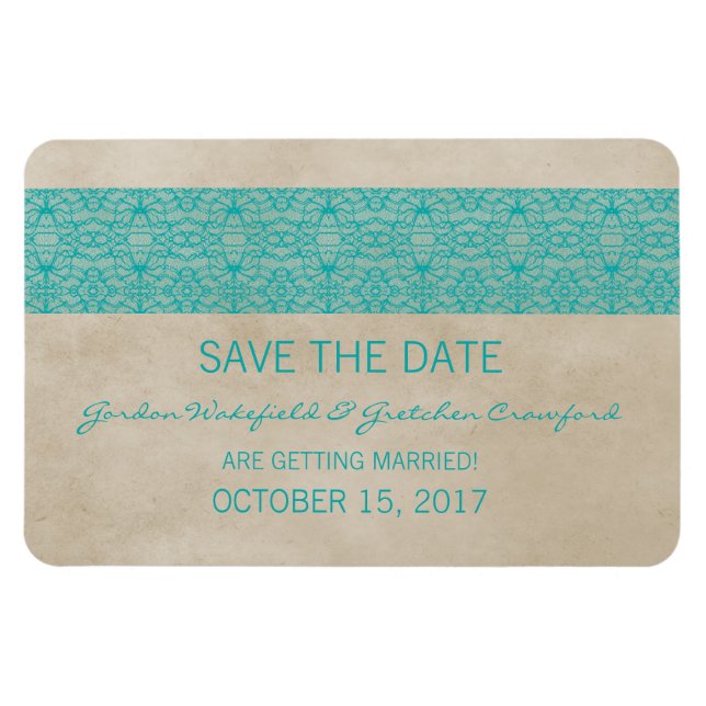 Rustic Lace Save the Date Magnet, Teal Magnet (Horizontal)