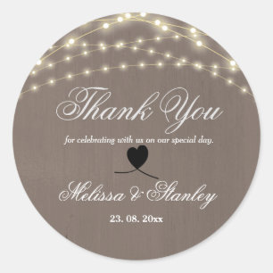 Rustic Lace String Light Calligraphy Thank You Classic Round Sticker