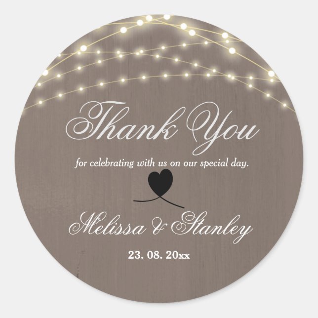 Rustic Lace String Light Calligraphy Thank You Classic Round Sticker (Front)