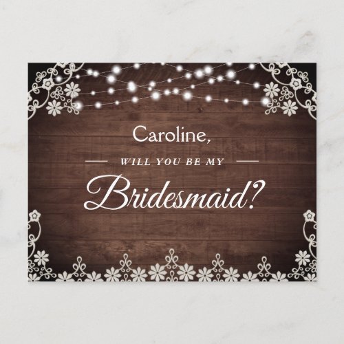 Rustic Lace String Light Will You Be My Bridesmaid Invitation Postcard