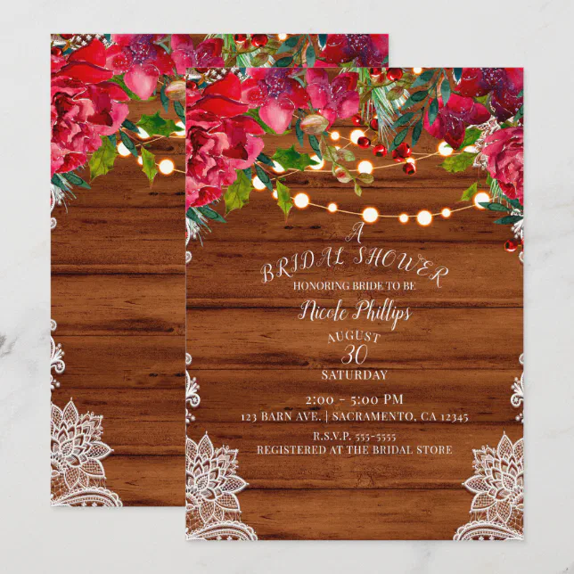 Rustic Lace & String Lights Holiday Bridal Shower Invitation | Zazzle